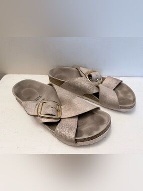 Birkenstock Metallic Taupe Cross-Band Slide Sandals with Gold Big Buckles